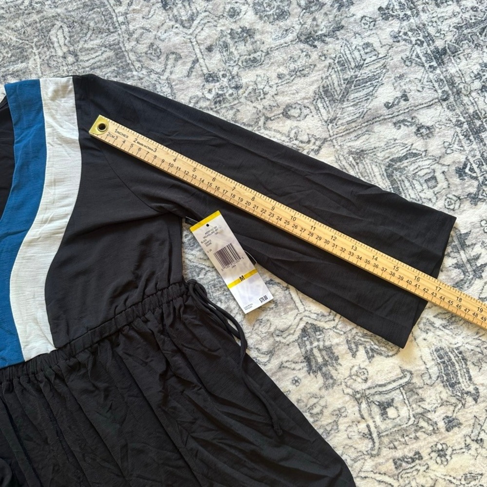 Vintage Y2K Nine West Colorblock V-Neck Tunic Top Black Blue Medium Cinch Waist - Picture 6 of 7